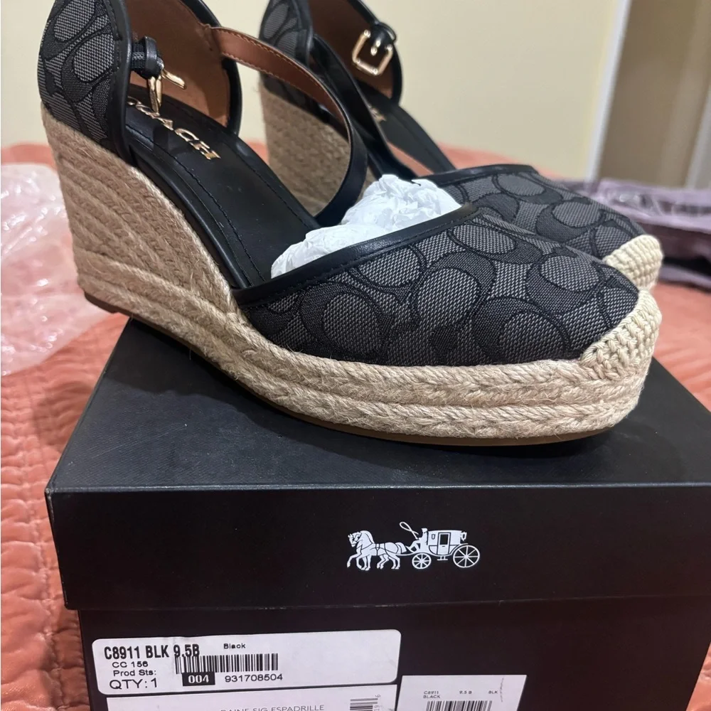 Coach Black Jacquard Espadrille Wedge Sandals
